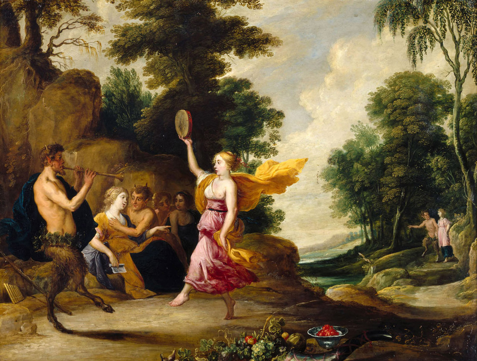 pan plays the flute before nymphs and satyrs